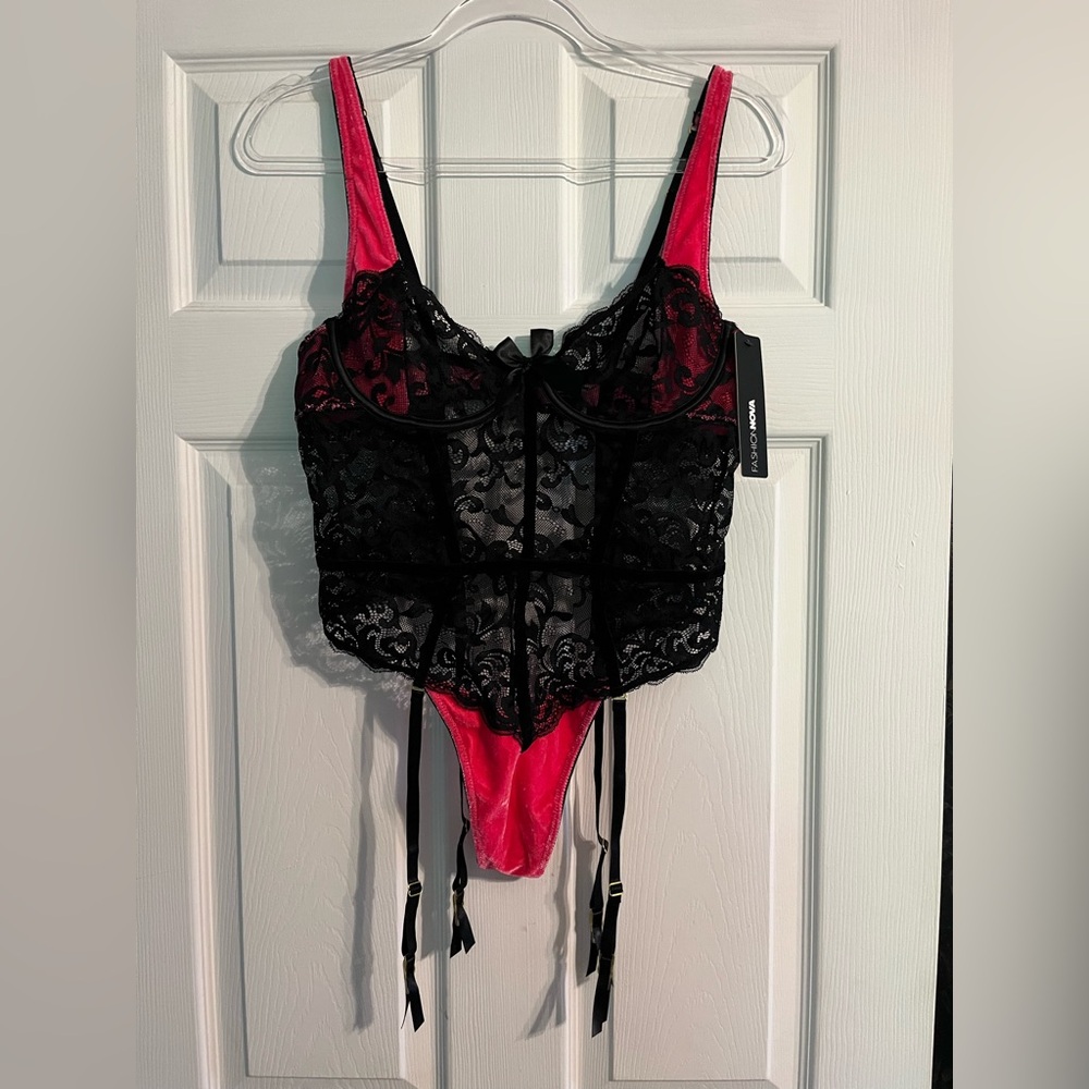 NWT Fashion Nova Black and Pink Lace Bodysuit Intimates Collection